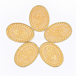 Polycotton (Polyester Baumwolle) große gewebte Anhänger Dekorationen, mit  eisernem Zubehör, kantille, Oval mit Blume, Licht Gold, golden, 55.5~56.5x39~40x1.5 mm