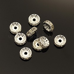 Perline distanziatori strass in ottone, grado a, rondelle, colore argento placcato, misura:circa10mm di diametro, 4 mm di spessore, Foro: 2 mm