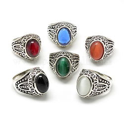 Стеклянные широкополосные кольца, со сплавочной фурнитурой для кольца, овальные, античное серебро, Размер 7~11, разноцветные, 17~21 мм