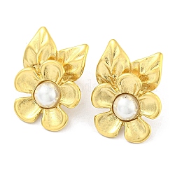 304 Stainless Steel Flower Stud Earrings, with ABS Plastic Pearl Beads, Real 14K Gold Plated, 29x21.5mm