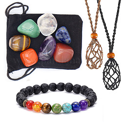 7 Chakra Healing Crystal Stones Jewelry Kits, Including 7 Tumbled Spiritual Gemstones and 1 Bracelet and 2 Macrame Pouch Adjustable Necklace, Braclelet: 7-1/4 inch(18.5cm), Gemstone: 20~25mm, Necklace: 500mm