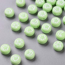 Opaque Acrylic Beads, Flat Round with White Heart & Flower & Moon & Star, Lawn Green, 7x4mm, Hole: 1.6mm
