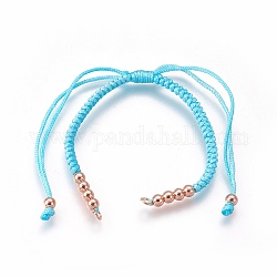Fabbricazione di braccialetti di perline intrecciati con corde di nylon, con perline in ottone, placcato di lunga durata, Vero oro rosa placcato, cielo blu, 10-1/4 pollice ~ 11-5/8 pollici (26~29.6 cm)