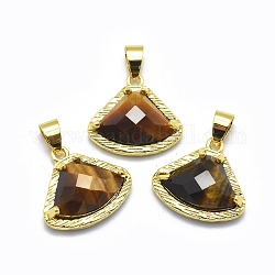 Natural Tiger Eye Pendants, with Brass Findings, Triangle, Faceted, Golden, 17.5x19x6.5mm, Hole: 3.5x5mm