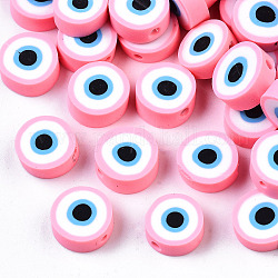 Manuell Polymer Ton Perlen, flach rund mit bösen Blick, rosa, 10.5~12.5x3.5~4.5 mm, Bohrung: 1.5 mm