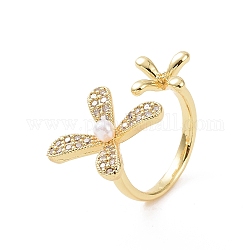 Brass Micro Pave Cubic Zirconia Open Rings, Flower with Plastic Imitation Pearl Cuff Rings for Women, Real 18K Gold Plated, 2.5mm, Inner Diameter: US Size 7(17.3mm)