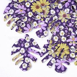 Grandes colgantes de cuero pu, Impresión a doble cara, patrón de flores, hoja, púrpura, 55x43x2mm, agujero: 1 mm