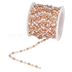 PandaHall Elite Brass & Resin Imitation Pearl Round Beaded Chains, with Cable Chains, with Card Paper, Soldered, Golden, 4x3mm, 3x2.5x0.5mm, about 16.40 Feet(5m)/Set