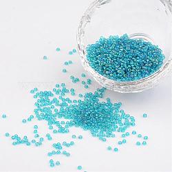 Medium Turquoise 12/0 Grade A Round Glass Seed Beads, Transparent Colours Rainbow, 2x1.5mm, Hole: 0.9mm, about 3300pcs/50g
