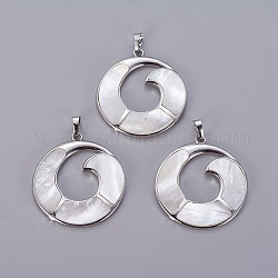 Natural White Shell Mother of Pearl Shell Pendants, with Platinum Tone Brass Findings, Vortex, 44.5x40.5x3.5~4.5mm, Hole: 4.5x6.5mm