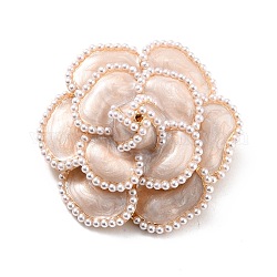 Broche en émail camélia, fleur imitation perle en alliage de zinc broche pour fille femme cadeau, or clair, linge, 50x50x24mm, pin: 0.7 mm.