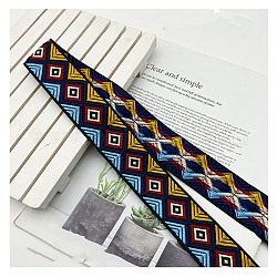 Rubans en polyester losange de broderie de style ethnique, ruban jacquard, Accessoires de vêtement, plat, bleu marine, 1-5/8 pouce (40 mm)