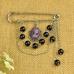 Fashion Tibetan Style Brooches, with Glass Pearl Beads, Resin Cabochons, Iron Chains and Iron Kilt Pins, Black, 85mm