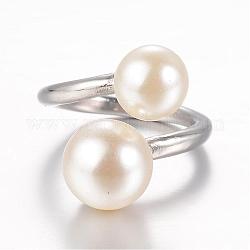 304 Stainless Steel Finger Rings, with Imitation Pearl, Size 6, Stainless Steel Color, 16mm