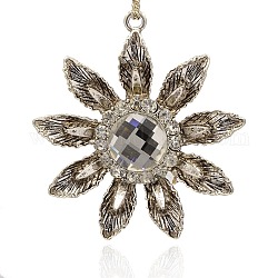 Antique Silver Plated Alloy Transparent Clear Glass Big Pendants, with Rhinestone, Flower, 63x58x12mm, Hole: 3mm