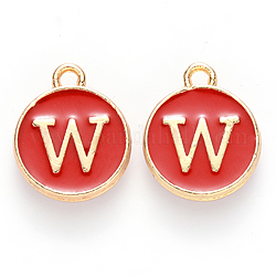 Golden Plated Alloy Enamel Charms, Cadmium Free & Lead Free, Enamelled Sequins, Flat Round, Red, Letter.W, 14x12x2mm, Hole: 1.5mm