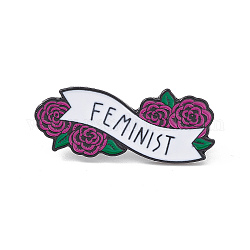 Fleur rose avec broche en émail féministe, broche de féminisme en alliage noir électrophorèse pour vêtements de sac à dos, vieille rose, 15.5x37.5x1.5mm, pin: 1 mm
