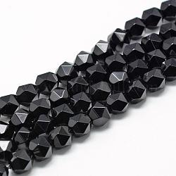 Hebras de cuentas de ónix negro natural, cuentas redondas con corte de estrella, facetados, 6~7x5~6mm, agujero: 1 mm, aproximamente 64~66 pcs / cadena, 15.3 pulgada