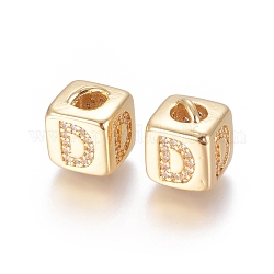Messing Mikro ebnen Zirkonia Perlen, langlebig plattiert, Würfel mit Buchstaben, Transparent, golden, letter.d, 10x8x8.5 mm, Loch: 1.5x3.5 mm und 4 mm