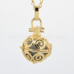 Golden Tone Brass Cage Pendants, Chime Ball Pendants, Round, with Brass Spray Painted Bell Beads, Light Steel Blue, 27x24x21mm, Hole: 3x5mm