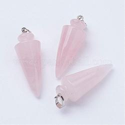 Pendentifs de quartz rose naturel, avec les accessoires en laiton de tonalité de platine, cône / pic / pendule, 43~45x16mm, Trou: 5x7mm