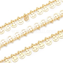 Cadena bordillo latón, cadena torcida, con amuletos planos redondos de cara sonriente, Plateado de larga duración, con carrete, soldada, dorado, 7x5x0.5mm, 32.8 pie (10 m) / rollo