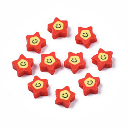 Abalorios de arcilla polimérica hechos a mano, estrella con la cara sonriente, rojo, 7.5~9x8.5~9x3.5~4mm, agujero: 1.6 mm