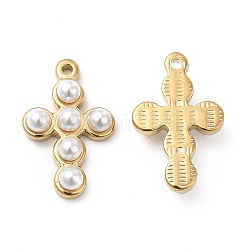 Colgantes de perlas de imitación de plástico abs, con tono real chapado en oro de 18k 201 fornituras de acero inoxidable, cruz encanto, blanco, 21x13.5x4.5mm, agujero: 1 mm