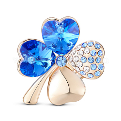 SHEGRACE Alloy Brooch, Micro Pave AAA Cubic Zirconia Four Leaf Clover with Austrian Crystal, Blue, 22x25mm