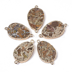 Connettori assemblati in pietra di bronzite e laarderite naturale shoushan tianhuang, con anelli in ottone placcato oro chiaro e ferro, lacrima, 44~45x24~26x5.5mm, Foro: 2.5 mm