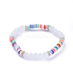 Bracelets extensibles pour enfants, avec des perles heishi en pâte polymère, perles de verre à facettes et perles de strass en laiton, blanc, diamètre intérieur: 1-7/8 pouce (4.7 cm)