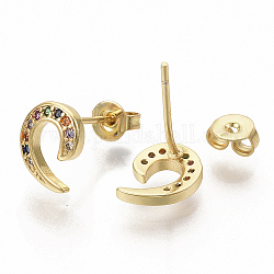 Brass Micro Pave Colorful Cubic Zirconia Stud Earrings, with Earring Backs, Real 16K Gold Plated, 10x8mm, Pin: 0.7mm