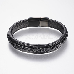 Geflochtenen Lederband Armbänder, 304 mit Edelstahl Magnetschließen, Schwarz, 8-5/8 Zoll (220 mm), 29x14x8 mm