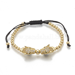 Bracelets avec perles en laiton tressé, avec micro pavé d'oxyde de zirconium et de polyester, tête de léopard, clair, or, 1-3/4 pouce (4.5 cm) ~ 3-1/2 pouces (9 cm)