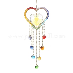 Décoration pendentif coeur en verre, attrape-soleil suspendus, avec 304 anneaux brisés en acier inoxydable, pour la décoration, colorées, 217mm, Trou: 10mm