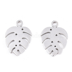 304 Stainless Steel Charms, Tropical Leaf Charms, Monstera Leaf, Stainless Steel Color, 13x9x1mm, Hole: 1mm