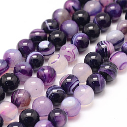 Chapelets de perles en agate rayée naturelle/agate à bandes, ronde, teints et chauffée, violet, 8mm, Trou: 1mm, Environ 47~48 pcs/chapelet, 14.5 pouce