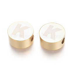 Abalorios de 304 acero inoxidable, plano y redondo con la letra, letter.k, 10x4.5mm, agujero: 2 mm