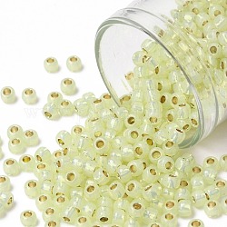 Toho perles de rocaille rondes, Perles de rocaille japonais, (pf2109) permafinish jonquil opale doublée d'argent, 8/0, 3mm, Trou: 1mm, à propos 222pcs / bouteille, 10 g / bouteille