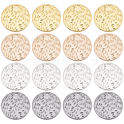 Fingerinspire 16Pcs 4 Colors Environmental Protection Electroplating Brass Pendants, Flat Round with Embossing, Mixed Color, 19x1.2mm, Hole: 1.4mm, 4pcs/color