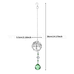 Glass Teardrop with Tree of Life Hanging Pendant Decorations, Suncatchers for Party Window, Wall Display Decorations, Green, 360x55mm