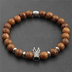 Bracelet extensible en perles de bois et d'alliage, couronne, 6-3/4~7-1/2 pouce (17~19 cm)