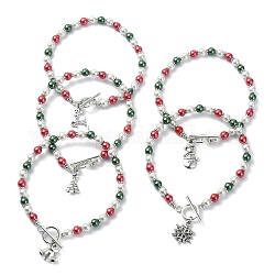 Bracelet extensible à perles rondes en perles de verre colorées, avec des breloques en alliage de style tibétain sur le thème de Noël, formes mixtes, 9-3/4 pouce (24.8 cm)