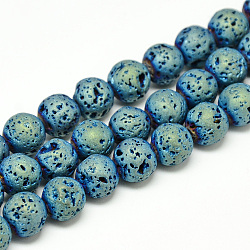 Galvanoplastie des brins de perles de pierre de lave naturelle, Style mat, ronde, vert plaqué, 10~11mm, Trou: 1mm, Environ 38 pcs/chapelet, 15.3 pouce