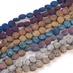 Brins de perles de pierre de lave naturelle galvanisées, plat rond, couleur mixte, 12x6mm, Trou: 1mm, Environ 32~33 pcs/chapelet, 15 pouce ~ 15.3 pouces (38~39 cm)