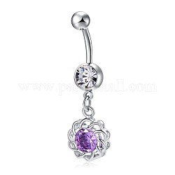 Piercing Jewelry, Brass Cubic Zirconia Navel Ring, Navel Ring Belly Rings, with 304 Stainless Steel Bar, Lead Free & Cadmium Free, Flower, Platinum, Purple, 42x9.5mm, Bar Length: 3/8