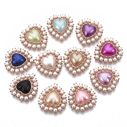 Cabochons en alliage à dos plat, avec perles en plastique imitation abs, or rose, cœur, couleur mixte, 29x27x8mm