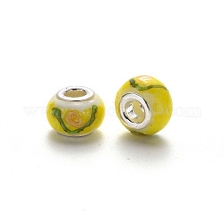 Handmade Lampwork European Beads, Large Hole Rondelle Beads, with Platinum Tone Brass Double Cores, with Flower Pattern, Yellow, 14~16x9~10mm, Hole: 5mm