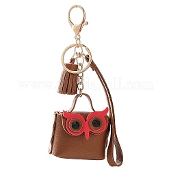 Mini porte-monnaie dame hibou femme porte-clés en cuir pu avec pompon, pour clé sac voiture pendentif décoration, chocolat, 6.4x5.7 cm