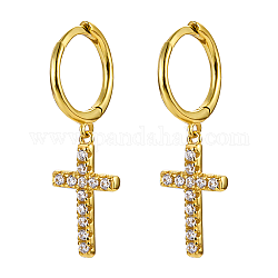 925 Sterling Silver Micro Pave Cubic Zirconia Dangle Hoop Earrings, Cross, Real 16K Gold Plated, 27x8.5mm